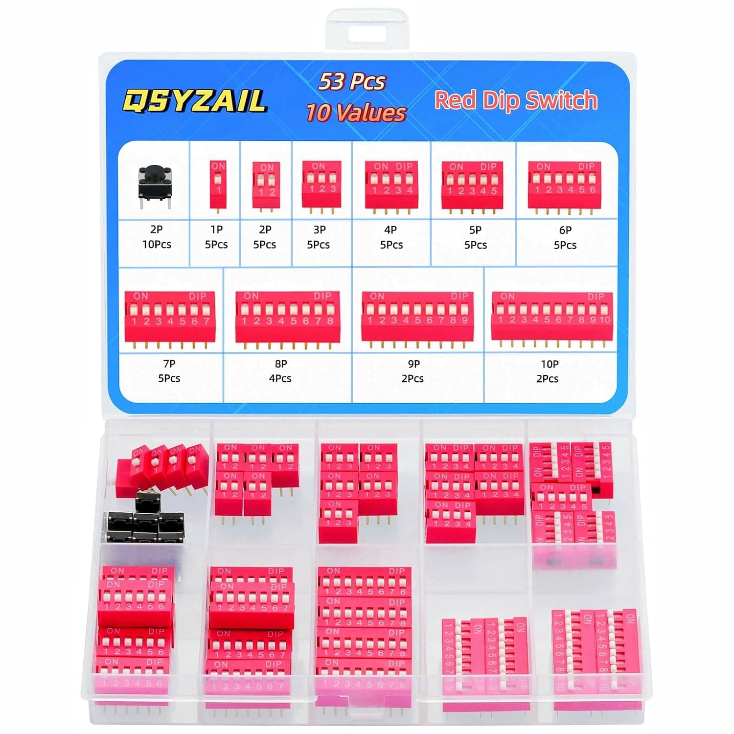 53 Pcs Dip Switch with Tact Switch Double Row Red 2.54 mm 1 2 3 4 5 6 7 8 9 10 Position for PCB Circuit Breadboards
